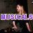 A pixelated image of a woman in black clothing with blonde hair, overlaid with purple text reading "MUSICALS" and other phrases.