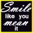 Animated sequence of 'Smile like you mean it' text with yellow highlight shifting across letters on dark background.