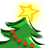 Pixelated green Christmas tree with red ornaments and a yellow star topper on white background.