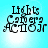 Pixelated text 'Lights Camera Action Jr' on cyan background with four distinct light burst positions.