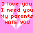Pixelated red text on pink background with two white heart shapes, each containing repeated phrases.