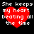 Red heart-shaped icon with white text 'She keeps my heart beating all the time' on black background, displayed in four identical