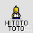 Pixelated yellow character with spiky hair in white shirt and blue pants, shown in multiple poses including standing, head turning, and thought bubble with donut, text "HITOTO TOTO" below.