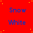 Red background with yellow dots, blue text repeating 'Snow' and 'White' in a pattern, and a gray rectangle in the bottom-right corner
