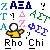 Pixelated icon with a central figure in yellow clothing holding an object, surrounded by colorful symbols and text on gray background.