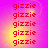 Red text reading 'gizzie' repeated in a pattern on a gradient background shifting from purple to yellow