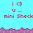 Pixelated icon with cyan background, pink jagged border, red text 'i <3', 'U ...', and 'mini Sheck' repeated across three