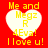 Red background with four identical heart-shaped icons containing yellow text reading "Me and Megz R 4Eva! I love u!" arranged in a