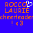 Blue background with orange pixelated text reading 'ROCCO LAURIE cheerleader ! <3' and a white heart symbol replacing the 'O' in 'ROCCO'.
