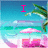Pixelated beach scene with turquoise water, pink umbrellas, and palm fronds, featuring pink text reading "I Love The Beach" across four