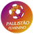 Circular gradient icon with purple-to-orange hues, featuring a stylized white and yellow soccer ball graphic above pixelated text reading 'PAULISTA MUNDO' in two lines.