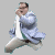 Pixelated animated icon of a man in white shirt, green tie, and gray jacket performing dynamic poses against light gray background.