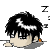Pixelated character with black hair and white streak lies face-down on gray background, surrounded by multiple 'Z' symbols indicating sleep.