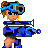Pixel art character in blue futuristic outfit with goggles and large weapon, transitioning to green frog costume with blue energy effects.