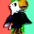 Pixelated cartoon eagle with white head, yellow beak, and black body, standing against split red and cyan background.
