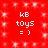Red background with white pixelated text 'KB toys = )' repeated in four identical quadrants, each surrounded by scattered white sparkles.