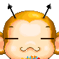 Pixelated cartoon monkey with golden-brown fur, black arrow-shaped ears, and blue eyes in various expressions including closed eyes, open mouth, and confetti on head.