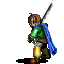 Pixelated character in green armor with blue cape and sword, standing on gray background.
