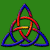 Four variations of a triquetra knot with gradient colors on a green background, each showing different color arrangements of red, blue, and yellow.