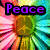Four distinct pixelated icons arranged in a : top-left flower with 'Peace' text, top-right red heart with 'Love', bottom-left yellow smiley face with 'Happiness', and empty gray square