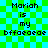 Pixelated text on a green and blue checkered background with repeated phrases.
