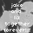 Pixelated grayscale image with white text overlay reading 'joke and liz together forever!!!!' against a blurred background.