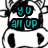 Pixelated cow with black-and-white spots displays three text blocks: cyan "yu all up" at top, red "in mi face dude." on right side, green "back off me!" below.