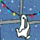white ghost icons on blue background with string lights; one ghost turns green in the rightmost
