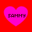 Four identical pink heart shapes on a red background, each containing the text SAMMY in black pixelated font.