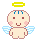 Pixelated angel icon with yellow halo, blue wings, and pink cheeks in six variations showing different facial expressions and arm positions.