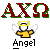 Pixelated graphic with red and green Greek letters above a yellow angel figure, below which is the word 'Angel' in black-and-white pixel font.