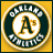 Four- displays Oakland Athletics branding elements including a circular logo, mascot, and stylized text on yellow and dark green backgrounds