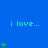 Blue background with repeated 'i love...' text and green heart icons in various vertical stacks.