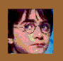 Pixelated image of a person with round glasses and dark hair, next to blue text reading amigo harry potter on brown background.