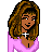 Pixel art of a woman with brown and blonde hair wearing a pink top, dark skirt, and platform shoes standing next to text reading 'blonde at heart'.