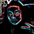 Pixelated face with teal and pink outlines against black background, featuring stylized eyes and mouth in a cartoonish style.