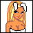 Pixel art of a blonde woman with bunny ears, wearing a Playboy-themed outfit and white boots with black tips.