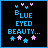 Pixel art icon with blue text 'BLUE EYED BEAUTY...' on black background, surrounded by pink and light blue stars and small hearts.