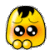 Yellow cartoon character with black hair, large eyes, and three round feet on gray background.