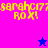 Pixelated text and star symbols on a split background of pink, purple, and blue sections.