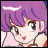Pixelated anime-style character with purple hair and large eyes, wearing a pink top, next to stylized text on a black background.