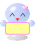Pixelated cartoon character with light blue spherical head, pink cheek marks, closed eyes, red mouth holding yellow rectangular sign bordered in pink.