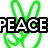 Green peace symbol with white outline behind 'PEACE' text, red heart behind 'LOVE' text, yellow background with 'glee' and 'GLEE' text below.