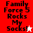 Pixelated text "Family Force 5 Rocks My Socks!" appears on red and white backgrounds with a white star and red star icon.