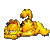 Pixelated yellow cartoon character in running pose with brown accents on gray background, likely a static buddy icon from early internet era.