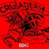 Red background with dark red text and figures; 'CRUSADERS' arched at top, 'BBHS' at bottom, and two stylized figures in the center.