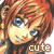 Pixelated close-up of a character with orange-brown hair, blue eyes, and a smiling expression, with the word 'cute' in white text on a brown rectangle at bottom right.