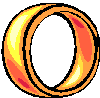 Two interlocking rings with orange and yellow gradient fill, black outlines, and red accents on a gray background.