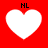 Four white heart shapes on a red background with black "NL" text above each heart, arranged in a