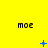 Yellow background with three of 'moe' text and blue pixelated symbols changing across frames